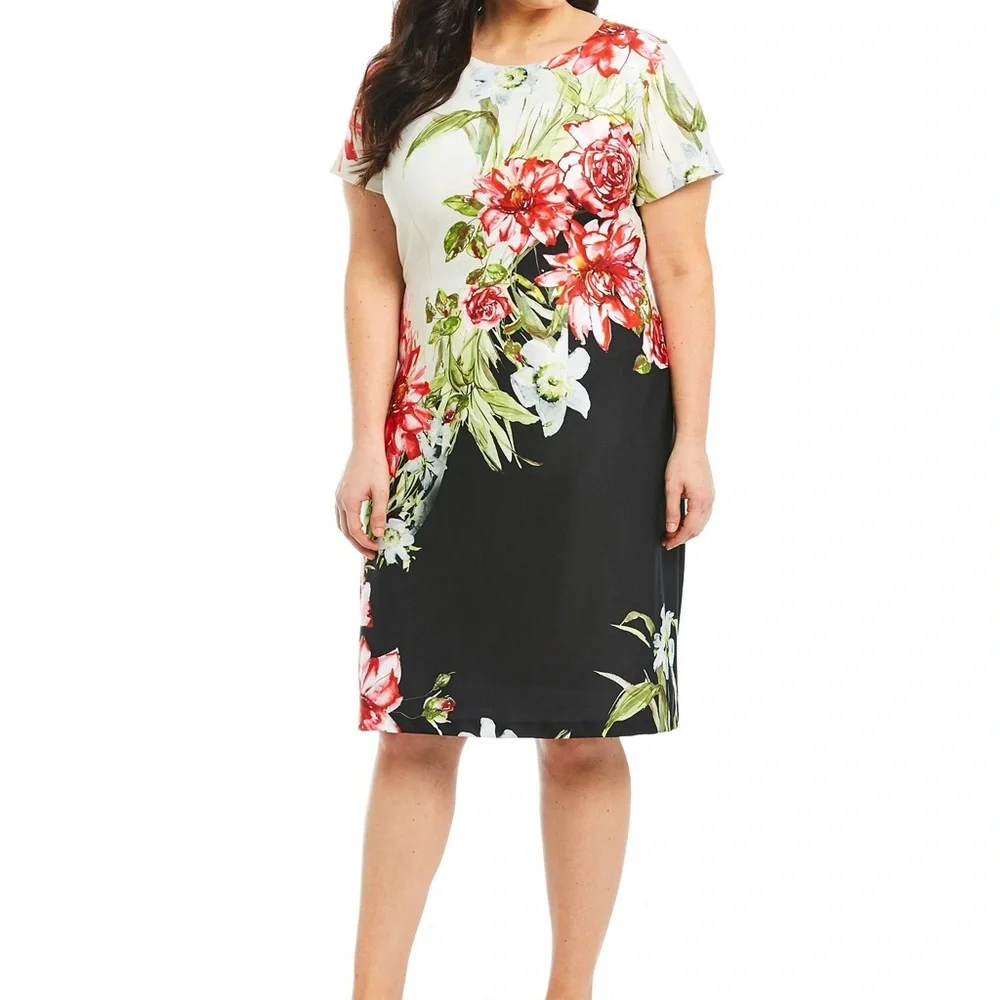 Adrianna Papell Colorblock Floral Sheath Dress Short Sleeves Size 20W